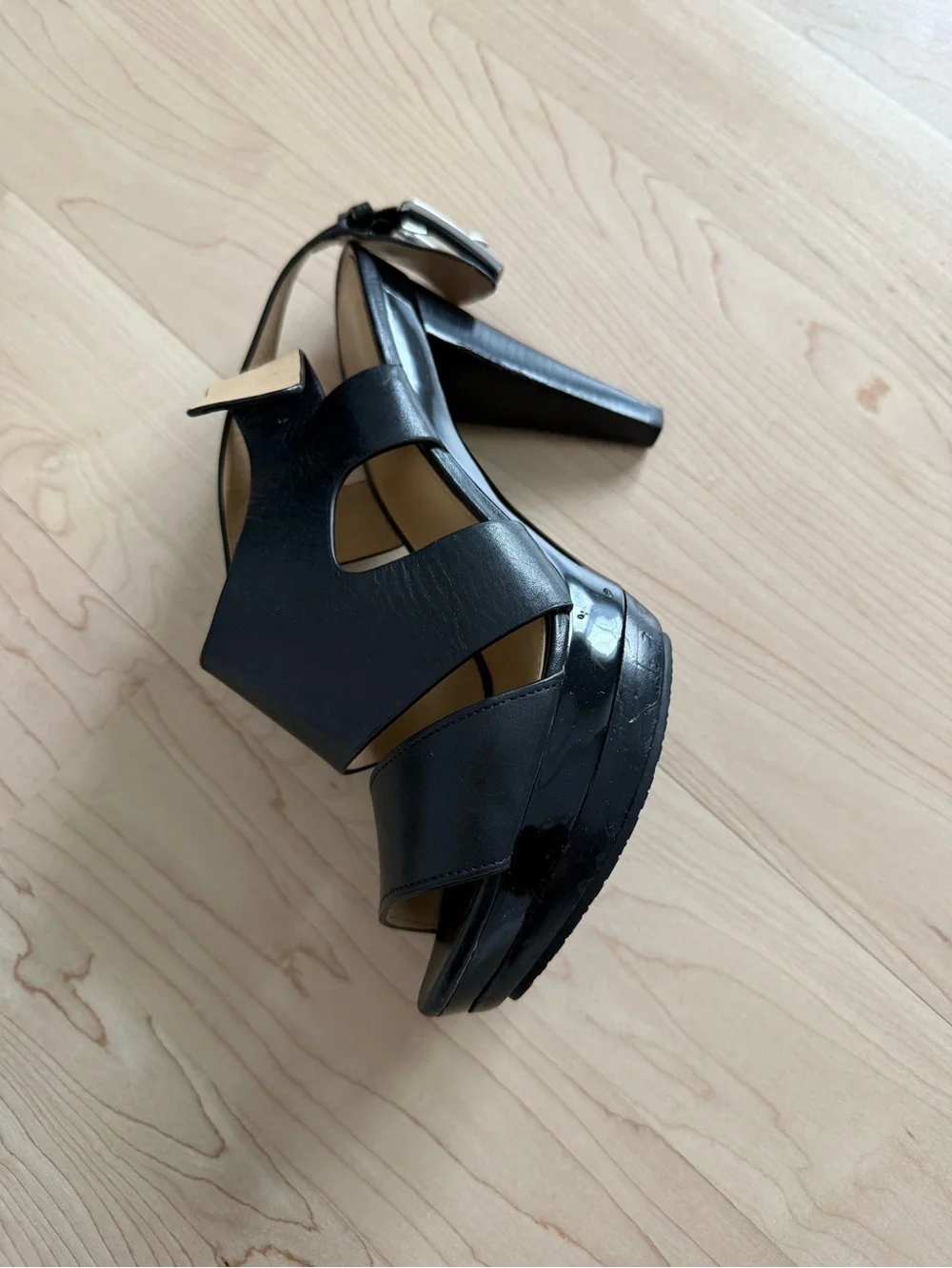 Michael Kors Black Leather Cutout Buckle High Heel Sandals